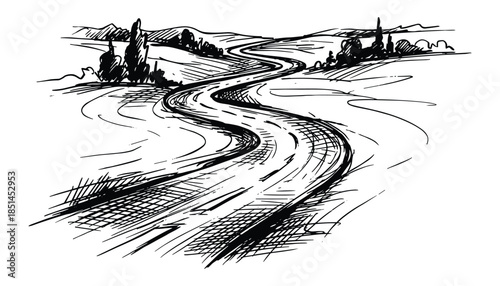 Hand drawn sketch of winding road through rolling hills landscape with trees and fields.