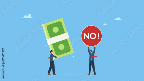 Honest businessman refuse to take illegal money banknotes. Stop Corruption, refusing to take bribery money.