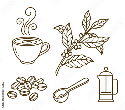 Hand-drawn coffee icons include cup, coffee beans, branch, spoon and French press. Simple outline style.