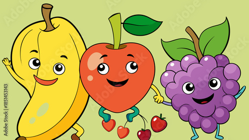 Minimalist Kawaii Fruit Sticker Set with Simple Faces,  Cute Fruit Icons: Green Apple, Orange, and Berry Illustration