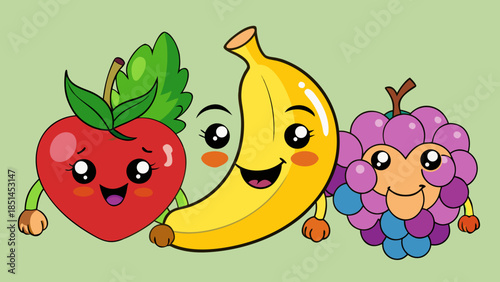 Minimalist Kawaii Fruit Sticker Set with Simple Faces,  Cute Fruit Icons: Green Apple, Orange, and Berry Illustration,