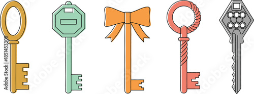 Vintage and modern decorative key vector set featuring antique styles a bow key and mechanical designs for security or success concepts.
