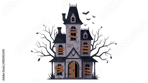 Spooky Haunted House with Boarded Windows and Bats