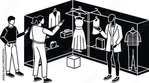 People browsing clothing in a retail store display