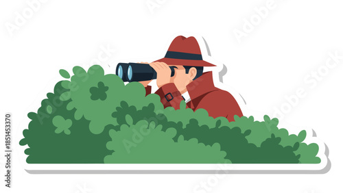 Spy Hiding in Bushes with Binoculars