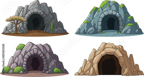 Set of stone cave entrances and mountain tunnels with rocks grass and desert landscape elements for adventure game level design vector.