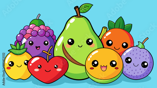 Minimalist Kawaii Fruit Sticker Set with Simple Faces,  Cute Fruit Icons: Green Apple, Orange, and Berry Illustration,