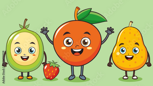 Minimalist Kawaii Fruit Sticker Set with Simple Faces,  Cute Fruit Icons: Green Apple, Orange, and Berry Illustration,