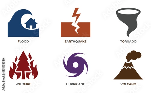 Icon set depicting natural disasters. Disaster icons for flood, earthquake, tornado and more.