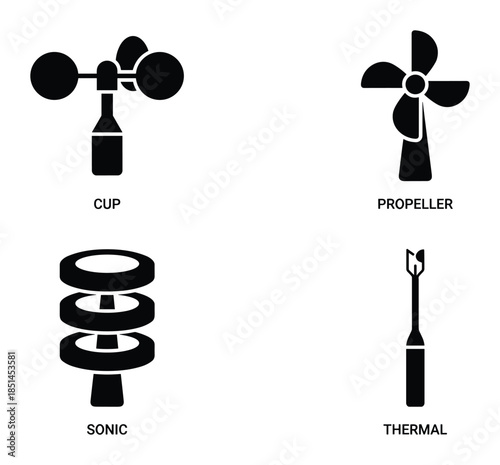 Icon set featuring anemometer, propeller, sonic and thermal sensors in black and white style.