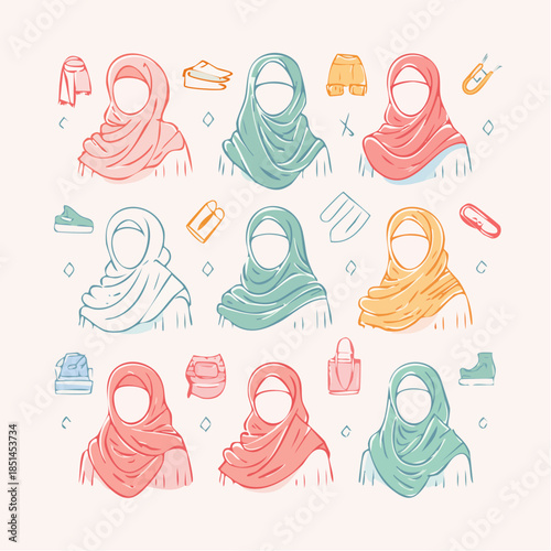 A hand drawn hijab themed icon set featuring various hijab styles and accessories in a clean soft outline style suitable for February content