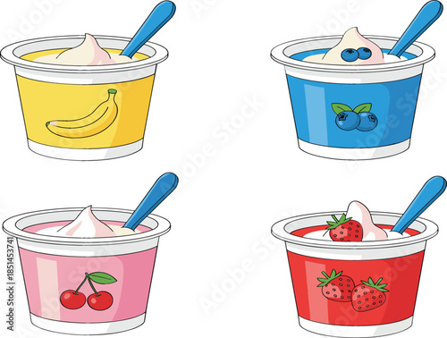 Set of four fruit yogurt cups with spoons featuring banana blueberry cherry and strawberry flavors isolated on a white background vector illustration.