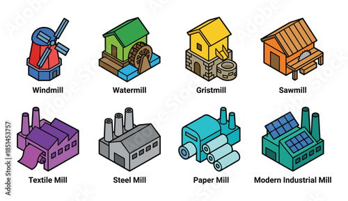 Illustrated isometric collection of various types of mills and factories including modern industrial mills