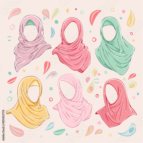 World Hijab Day Icon Set - hand-drawn icon set of 6–8 hijab elements including folded scarf shapes, draped hijab styles, modest outfit outline, safety pin set, smooth fabric texture doodles