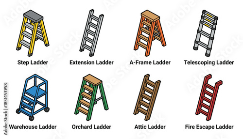 Illustration of different ladders, including step, extension, A-frame, attic, and fire escape ladder types.