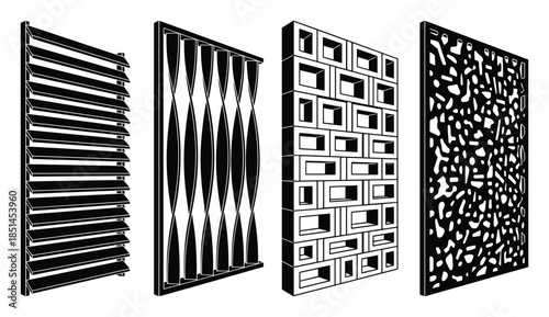 Illustration of four decorative privacy screen panel designs for indoor or outdoor decoration.