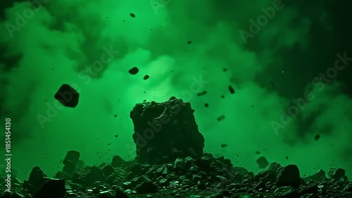 A quiet breath breaks as explode dark shadow flash demolishes the statue, its fragments floating momentarily in a glowing green background before falling.