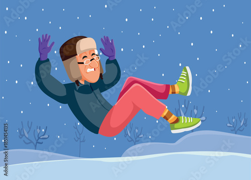 Senior Man Slipping and Falling on Ice Vector Illustration. Unhappy grandpa feeling hurt after an accident on slippery snow   
