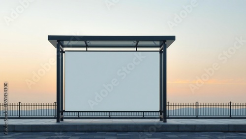 Empty advertising billboard at a bus stop with a sunset sky background