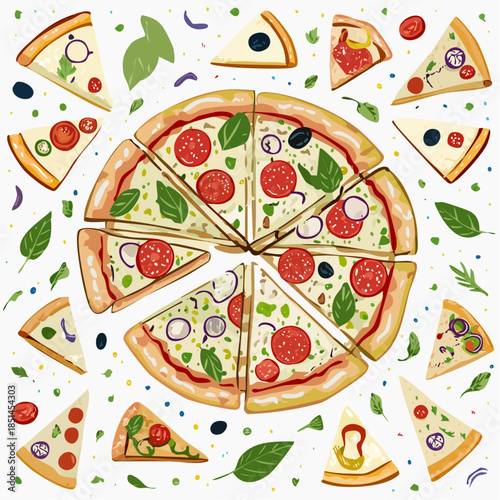 Pizza Day Icon Set hand drawn pizza slice variations, whole pizza, melted cheese pull lines, topping doodles, basil leaves, tomato slice icons