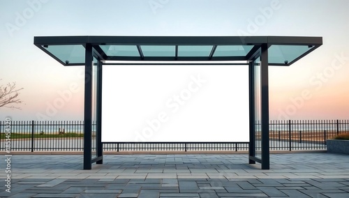 Modern bus stop shelter with blank advertising space at sunset