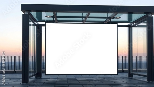 Modern bus stop shelter with blank white billboard for advertising
