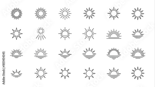 Collection of Stylized Sun Icons and Symbols for Design Projects.