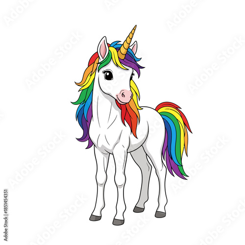 Cute White Unicorn with Rainbow Mane and Tail Standing.