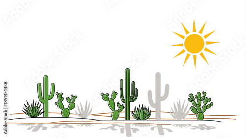 Desert Landscape with Various Cacti and Agave Plants Under a Bright Sun.