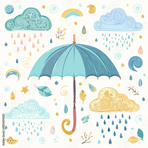 A simple weather themed icon set showing cute umbrella variations in soft hand drawn outlines