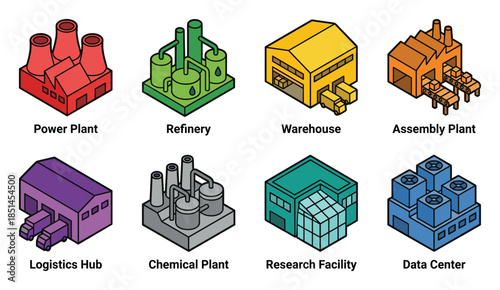 Isometric colorful set featuring power plant, refinery, warehouse, research facility, and more.