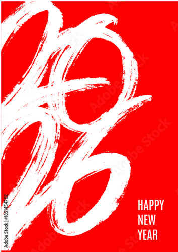 Tittle Happy New Year 2026 Brush Lettering Typography Red White Background
