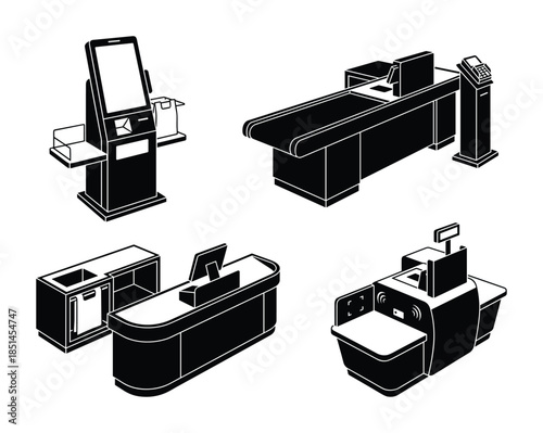 Isometric vector set of retail checkout counters and self-service kiosk in black and white.