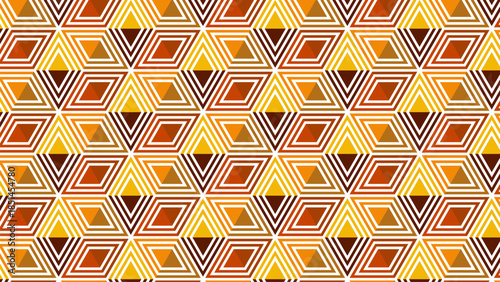 Seamless geometric pattern of orange and brown triangles and diamonds with white line accents.