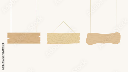 Set of Flat Simple Hanging Wood Signboard with Rope, Different Shape and Style Illustration