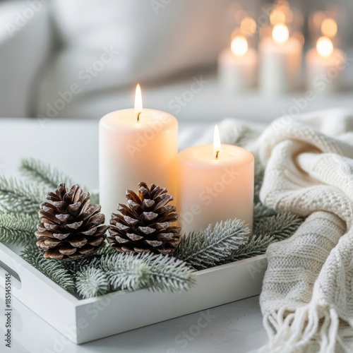 Two lit candles with pine cones and frosted fir branches on tray