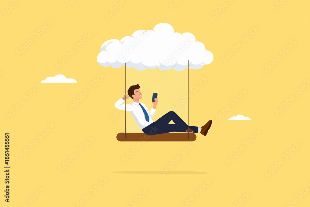 Fototapeta premium cloud computing on corporate infrastructure, remote work or work from home, technology to connect humans to complete work, businessman working using laptop sitting on cloud swing concept illustration