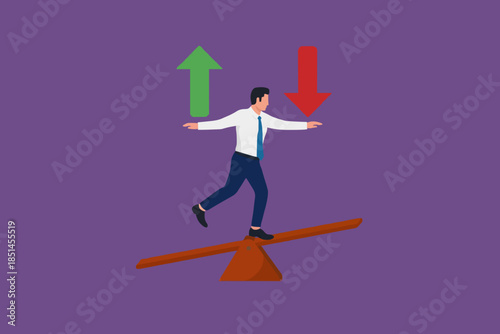 Loss and gain on investment, profits and losses in buying and selling shares or cryptocurrencies, investor people balances loss and gain arrow on seesaw with bots hand concept vector illustration