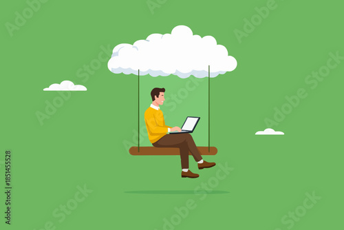 cloud computing on corporate infrastructure, remote work or work from home, technology to connect humans to complete work, businessman working using laptop sitting on cloud swing concept illustration