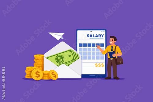 happy woman employee or workers receive a monthly salary in 2025, active income with salary payment concept, Payday loans monthly salary concept vector Illustration with flat style