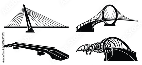 Modern bridge silhouettes with abstract architectural details in black and white vector design.