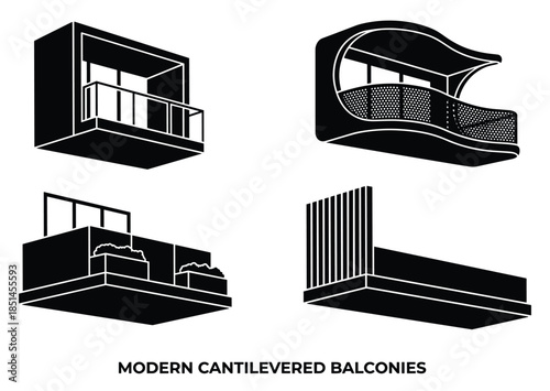 Modern cantilevered balconies design featuring simple architectural style, vector format graphic.