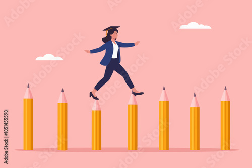 journey to reach higher education, motivation to study harder, cost to graduate high degree education, the way to achieve high education, man crosses the pole from pencil to educational success