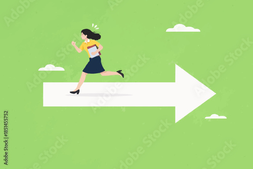 wrong direction lead to mistake, mislead or false to get lost concept, leadership decision to be difference or opposite, Confused businesswoman running in wrong opposite direction of trend arrow
