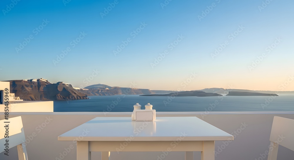 Fototapeta premium Minimalist white table setting overlooking the dramatic Santorin