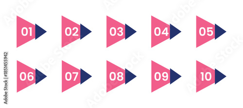 Numbered bullet points pink arrows set. Clean list numbering design in order from one to ten.
