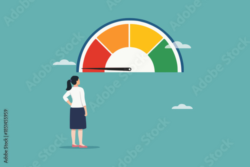 poor performance employee with woman office worker hanging on the needle measuring low performance, bad rating evaluation, laziness in improving the quality of performance