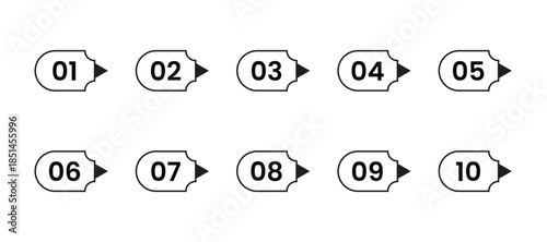 Numbered bullet points with arrows from one to ten. Black outline process diagram set.