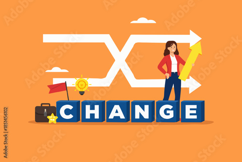 change business management, professional or expertise to manage company transformation or implement new process , businessman walking on a change box with a change arrow symbol in the background