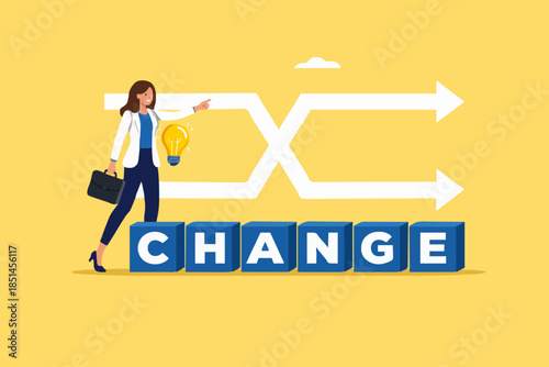 change business management, professional or expertise to manage company transformation or implement new process , businessman walking on a change box with a change arrow symbol in the background